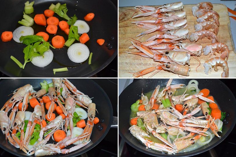 1 cuocere scampi e verdure