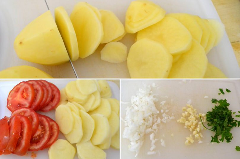 2 tagliare patate e pomodori