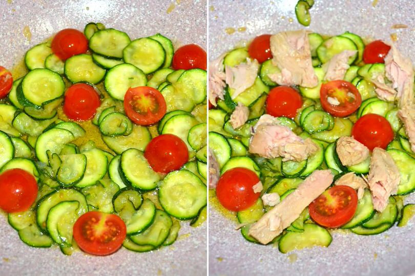 AGGIUNGERE POMODORINI E TONNO