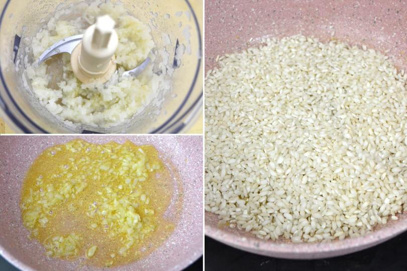 1 soffriggere cipolla e tostare riso