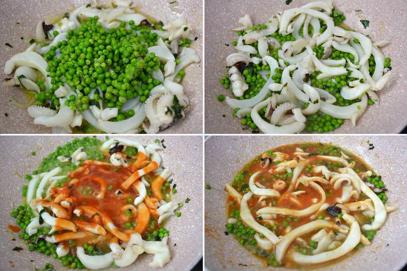 4 aggiungere piselli e pomodoro