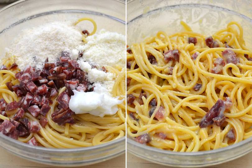 4 aggiungere salame e formaggio