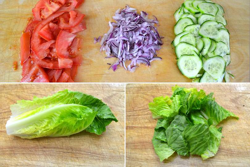 1 tagliare pomodori cetriolo cipolle