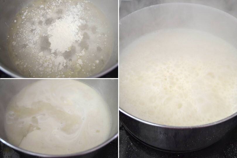 5 aggiungere farina setacciata e panna