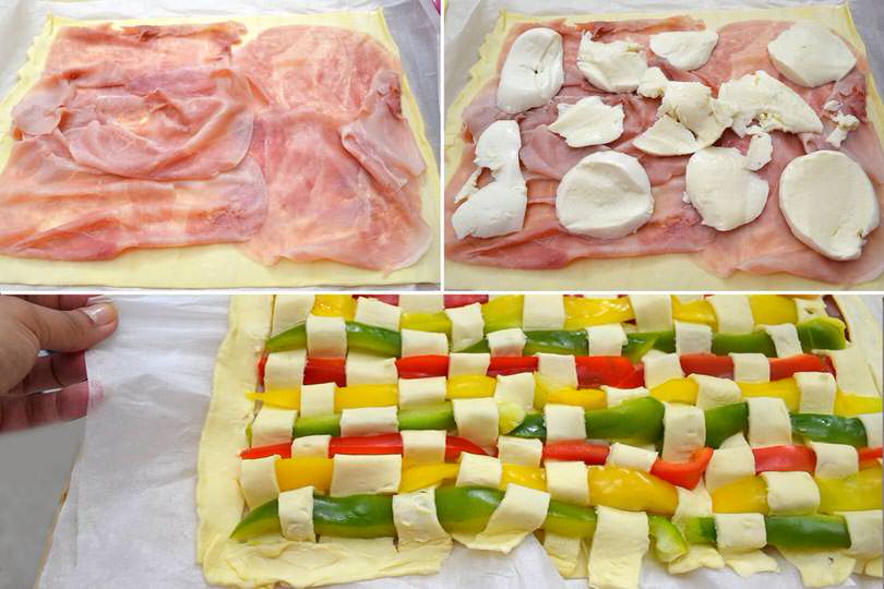 5 aggiungere prosciutto e mozzarella