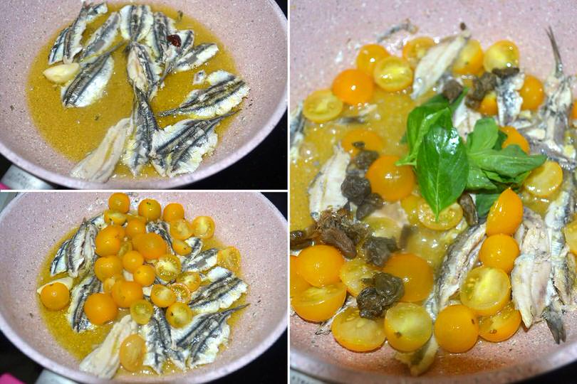 3 cuocere pomodorini e alici