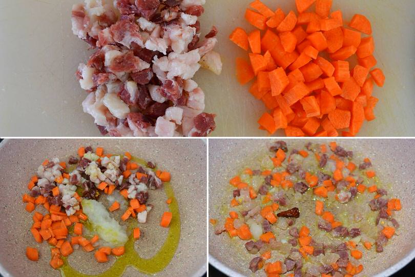 1 soffriggere pancetta carota cipolla