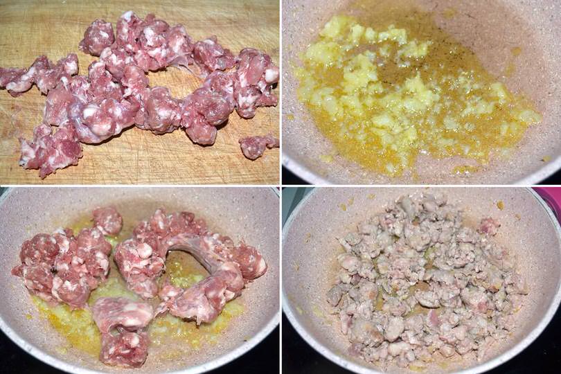 1 cuocere salsiccia e cipolle