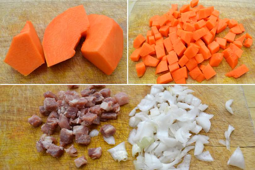 1 tagliare zucca pancetta cipolla