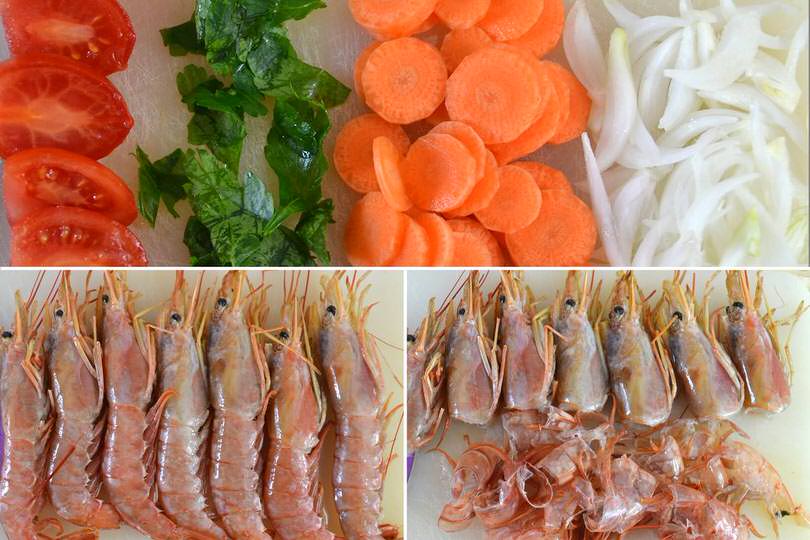 1 tagliare verdure e pulire gamberi