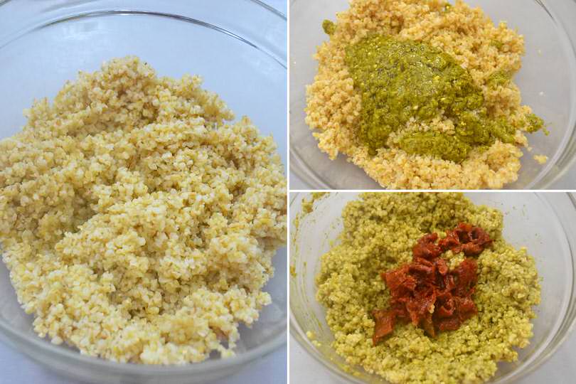 1 aggiungere pesto e pomodori