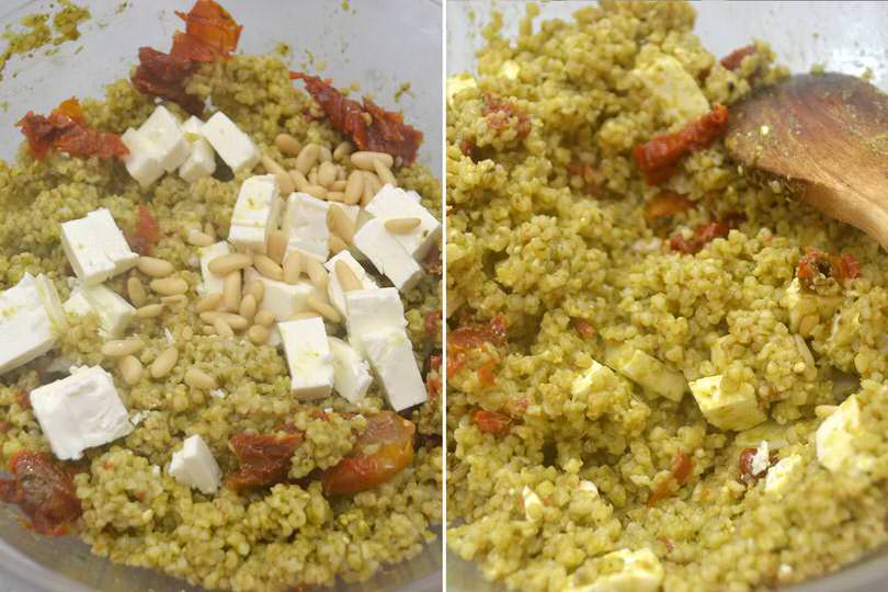 3 aggiungere feta e pinoli