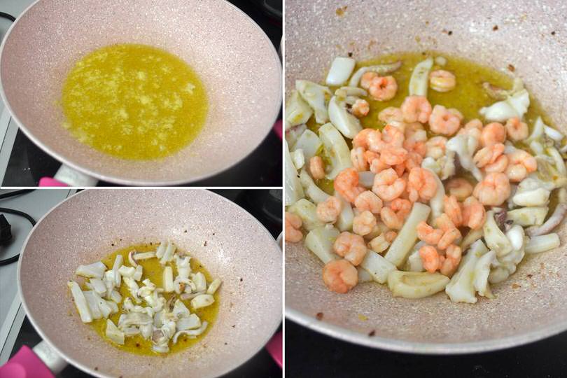 1 cuocere seppia e gamberetti