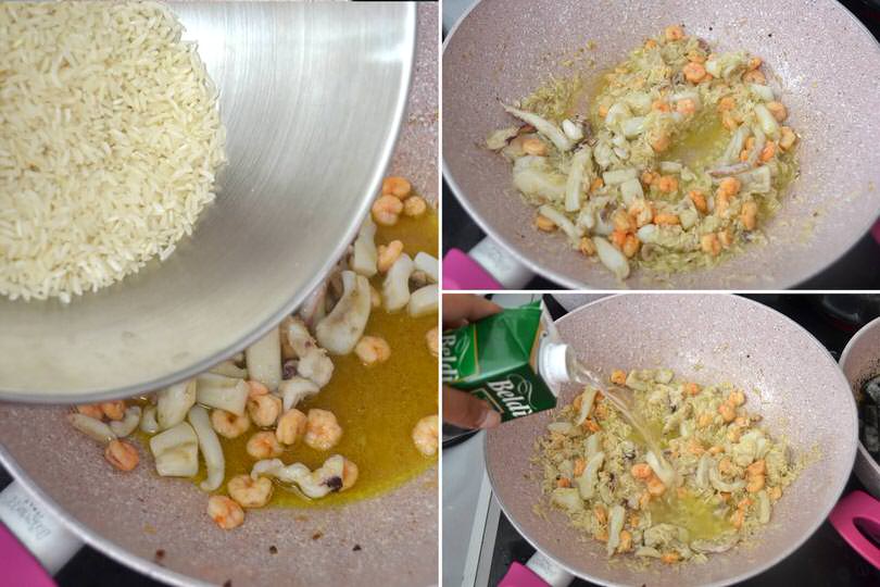 2 aggiungere riso e vino