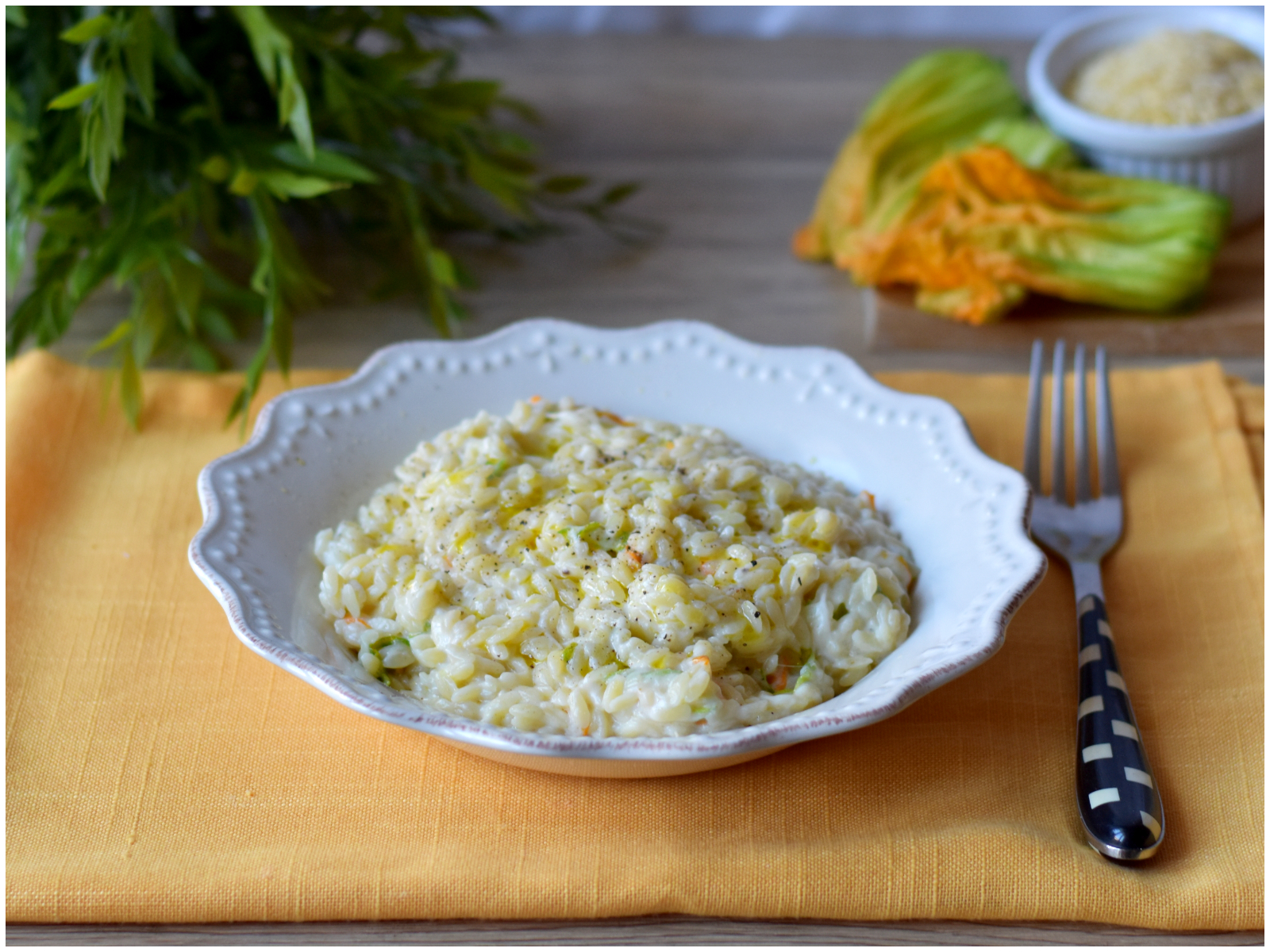 Risoni fiori di zucca e stracciatella